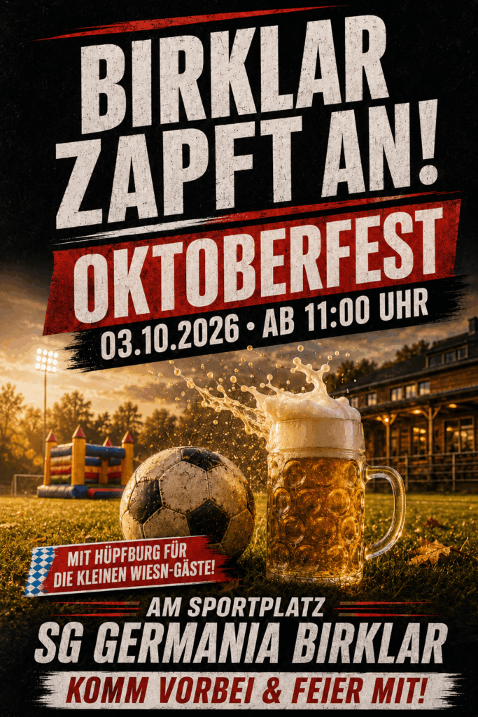 Birklar zapft an: Oktoberfest der SG Germania Birklar am 03.10.2026 ab 11:00 Uhr am Sportplatz. Mit Hüpfburg für die kleinen Wiesn-Gäste.